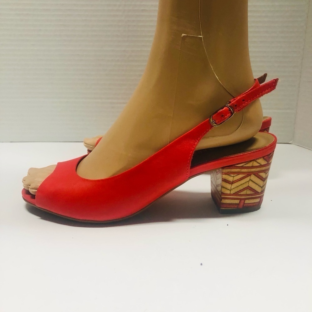 Capelli Rossi Coral Red Leather Slingback Sandals Graphic Block Heel